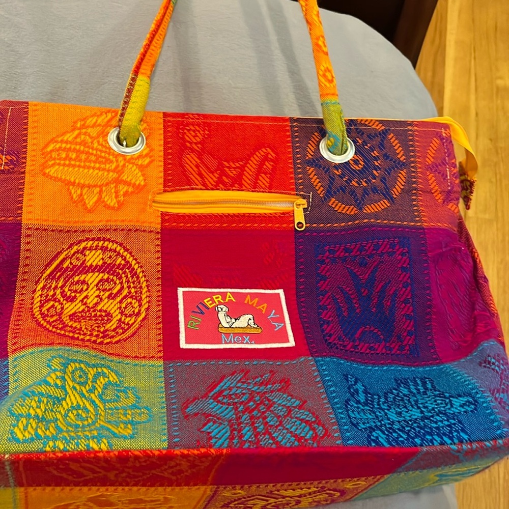 Riviera Maya MexicoTote Shoulder Bag Cloth Tapestry Print. Full zipper Colorful